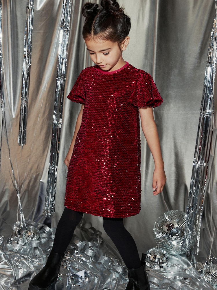Red Velour Sequin Party Dress (3-16yrs) - Image 2 of 5 Red Velour Sequin Party Dress (3-16yrs) - Image 2 of 5