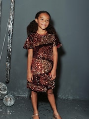 Bronze/Gold Metallic Swirl Velour Sequin Party Dress (3-16yrs) - Image 1 of 6