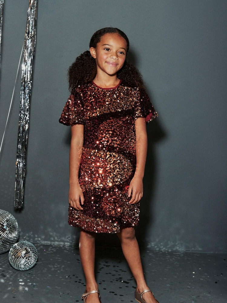 Bronze/Gold Metallic Swirl Velour Sequin Party Dress (3-16yrs) - Image 1 of 6