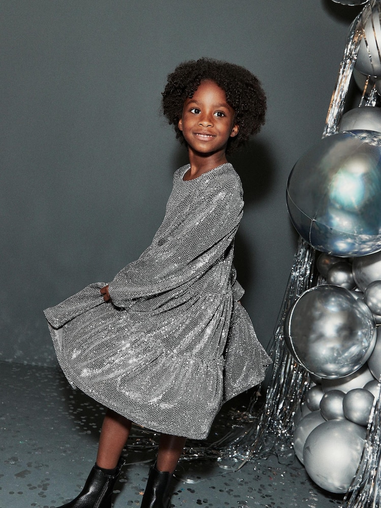Silver Metallic Long Sleeve Sequin Dress (3-16yrs) - Image 1 of 9