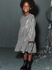 Silver Metallic Long Sleeve Sequin Dress (3-16yrs) - Image 2 of 9