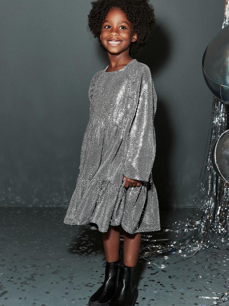 Silver Metallic Long Sleeve Sequin Dress (3-16yrs) - Image 2 of 9 Silver Metallic Long Sleeve Sequin Dress (3-16yrs) - Image 2 of 9