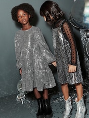 Silver Metallic Long Sleeve Sequin Dress (3-16yrs) - Image 3 of 9