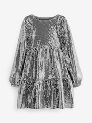 Silver Metallic Long Sleeve Sequin Dress (3-16yrs) - Image 7 of 9