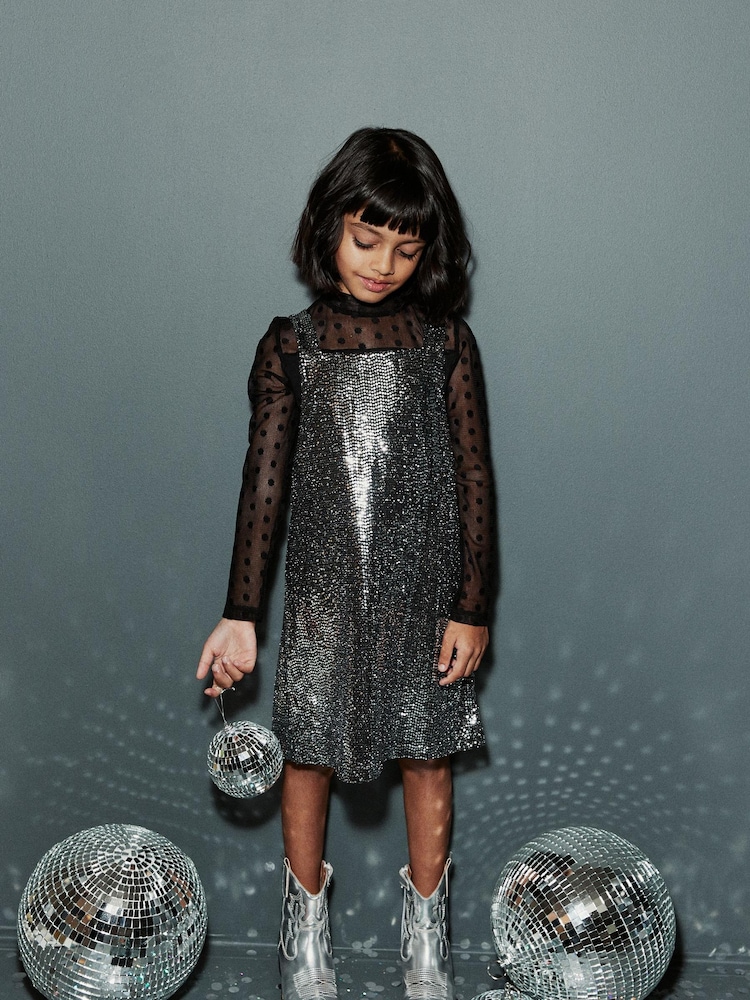 Black 2-In-1 Mesh Top And Silver Sequin Party Dress (3-16yrs) - Image 1 of 7