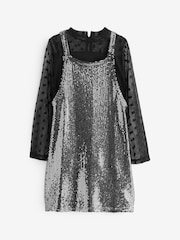 Black 2-In-1 Mesh Top And Silver Sequin Party Dress (3-16yrs) - Image 4 of 7