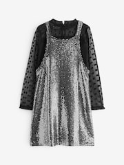 Black 2-In-1 Mesh Top And Silver Sequin Party Dress (3-16yrs) - Image 5 of 7