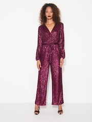 Berry Red Long Sleeve Sequin Jumpsuit - Image 2 of 6