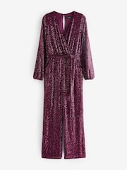 Berry Red Long Sleeve Sequin Jumpsuit - Image 5 of 6