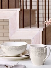 Denby 16 Piece Filigree Silver Monsoon Dinnerware Set - Image 1 of 2