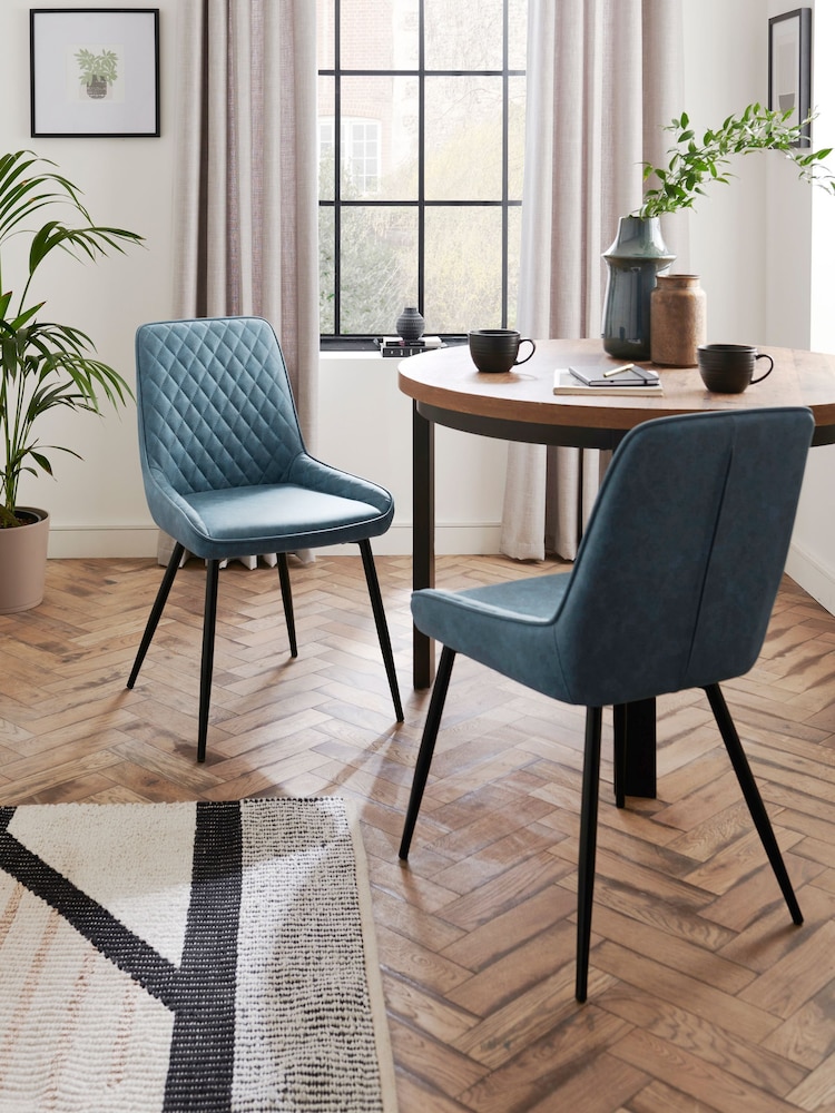 Set of 2 Arona Faux Leather Navy Blue Hamilton Black Leg Quilted Dining Chairs - Image 1 of 11