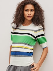 White/Bright Green Stripe Gem Embroidery Detail Short Sleeve Knit Top - Image 1 of 3