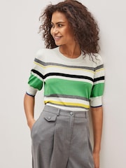 White/Bright Green Stripe Gem Embroidery Detail Short Sleeve Knit Top - Image 2 of 3