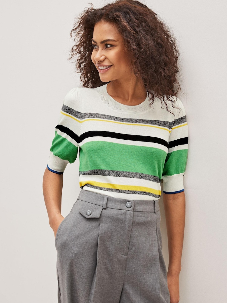White/Bright Green Stripe Gem Embroidery Detail Short Sleeve Knit Top - Image 2 of 3