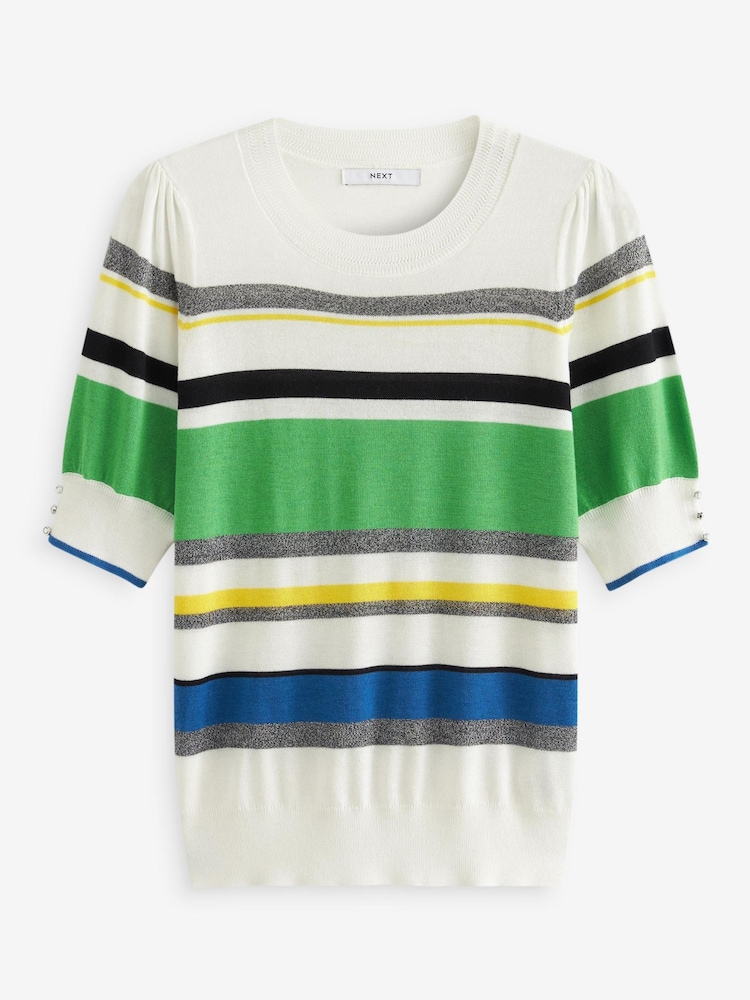 White/Bright Green Stripe Gem Embroidery Detail Short Sleeve Knit Top - Image 3 of 3