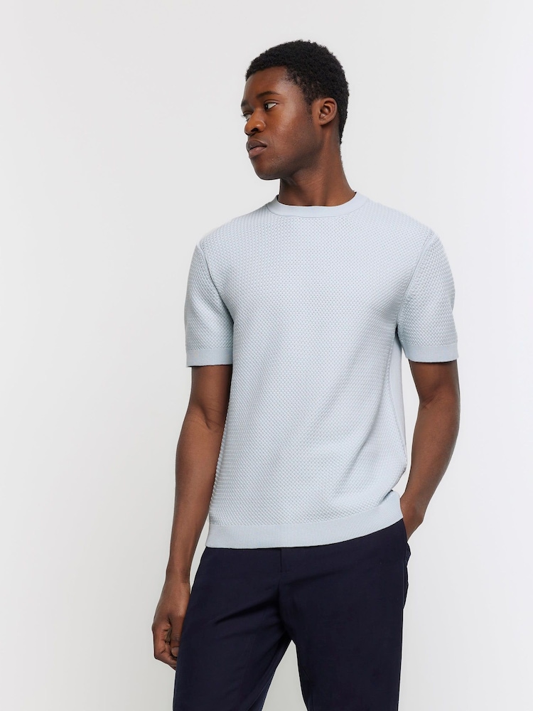 River Island Blue Textured Knitted T-Shirt - Image 1 of 5