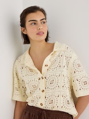 Oliver Bonas Cream Ecru Crochet Short Sleeve Shirt - Image 1 of 7