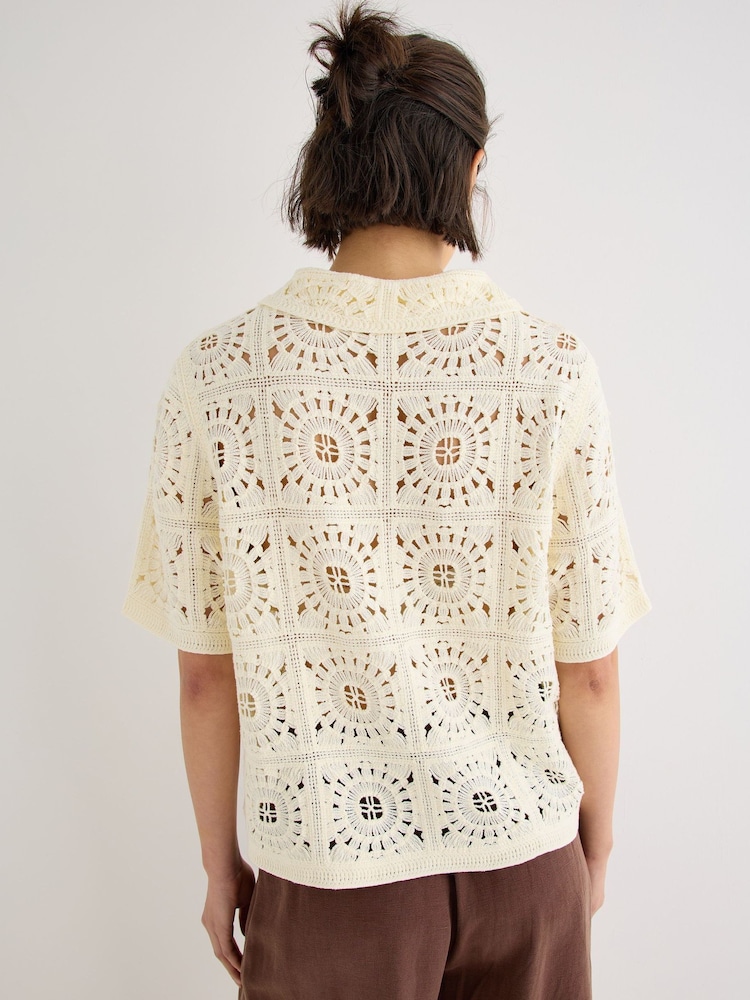 Oliver Bonas Cream Ecru Crochet Short Sleeve Shirt - Image 2 of 7 Oliver Bonas Cream Ecru Crochet Short Sleeve Shirt - Image 2 of 7