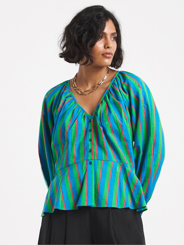 Simply Be Blue Multi Stripe Peplum Top - Image 1 of 4 Simply Be Blue Multi Stripe Peplum Top - Image 1 of 4
