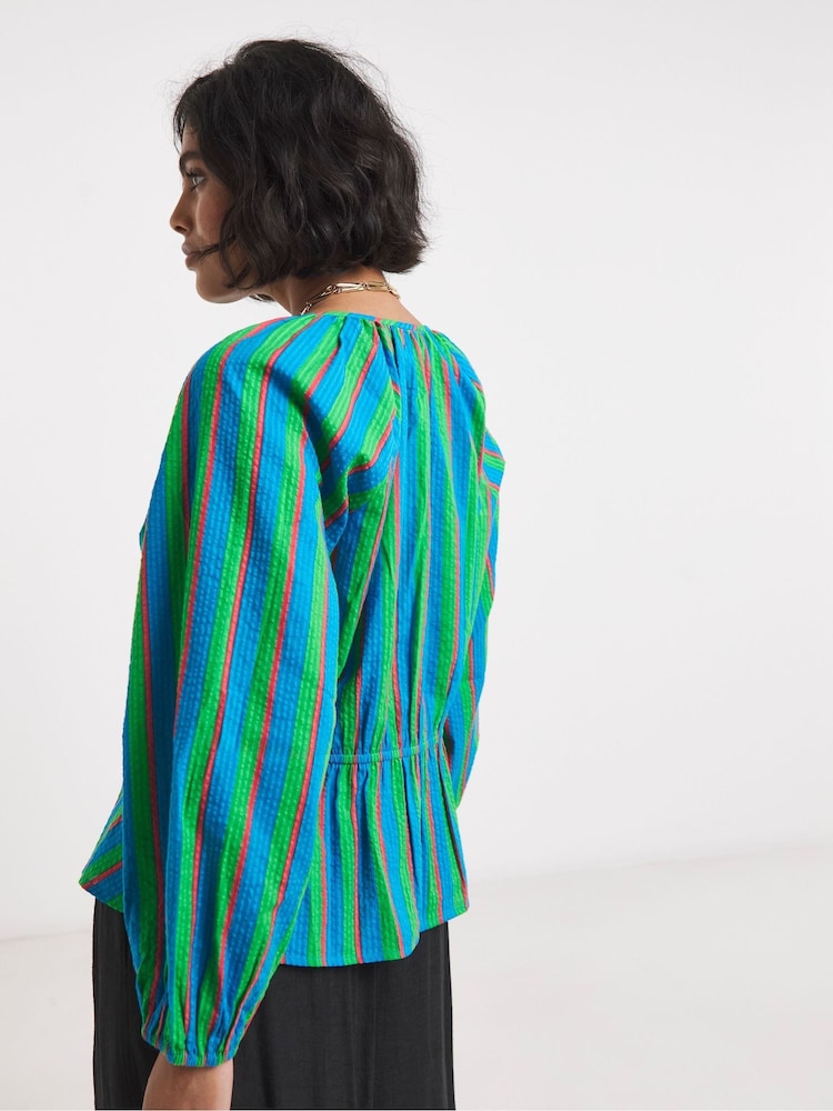 Simply Be Blue Multi Stripe Peplum Top - Image 2 of 4 Simply Be Blue Multi Stripe Peplum Top - Image 2 of 4