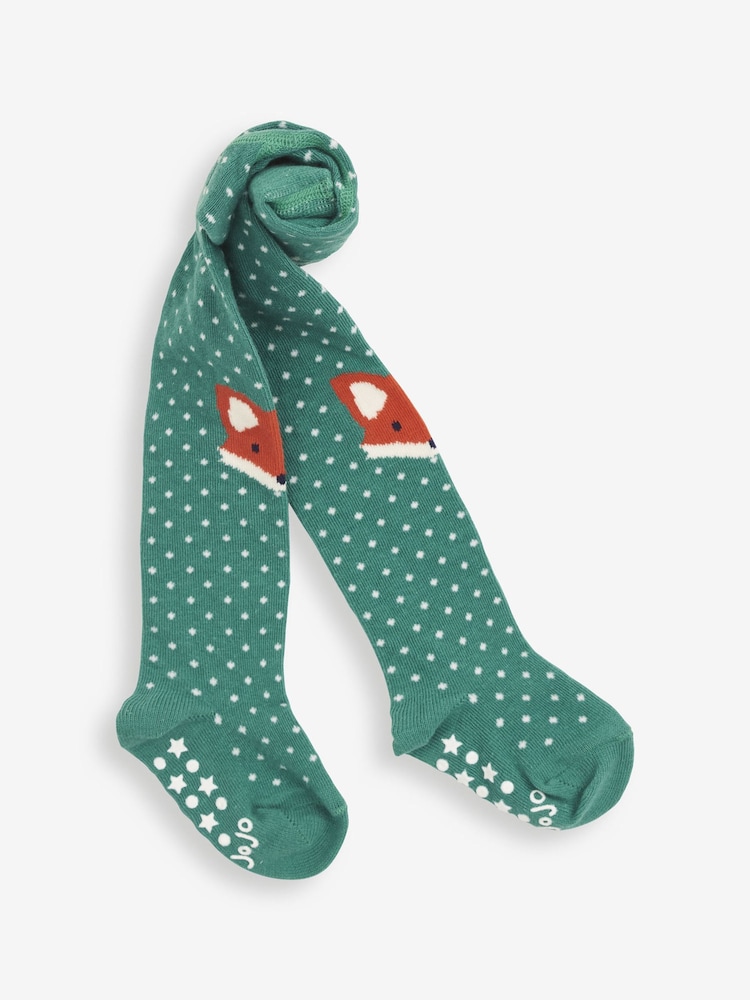 JoJo Maman Bébé Green Spotted Fox Knee Cotton Rich Tights - Image 1 of 2