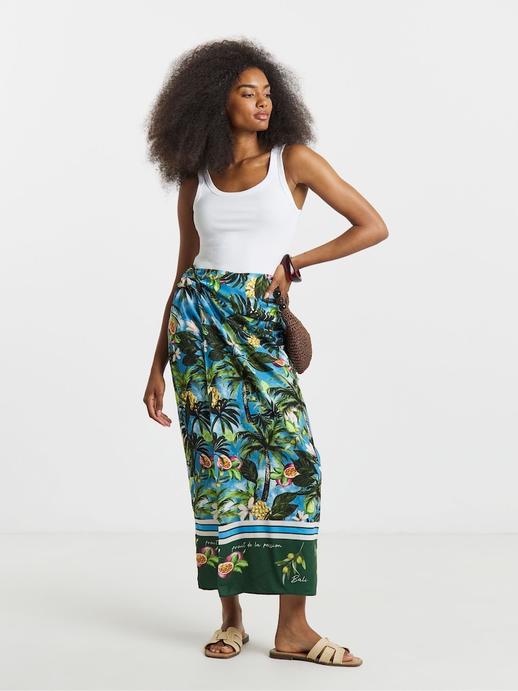 Simply Be Green Tropical Border Print Wrap Skirt - Image 1 of 4