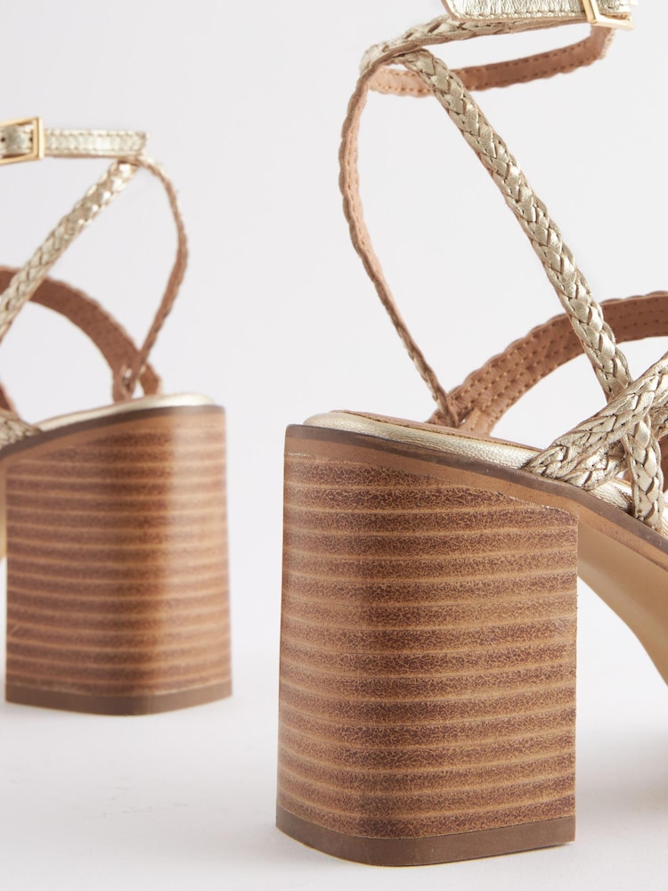 Gold Signature Leather Plait Strap Block Heel Sandals - Image 10 of 10 Gold Signature Leather Plait Strap Block Heel Sandals - Image 10 of 10