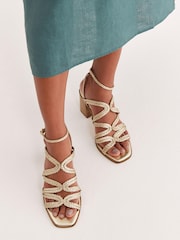 Gold Signature Leather Plait Strap Block Heel Sandals - Image 2 of 10