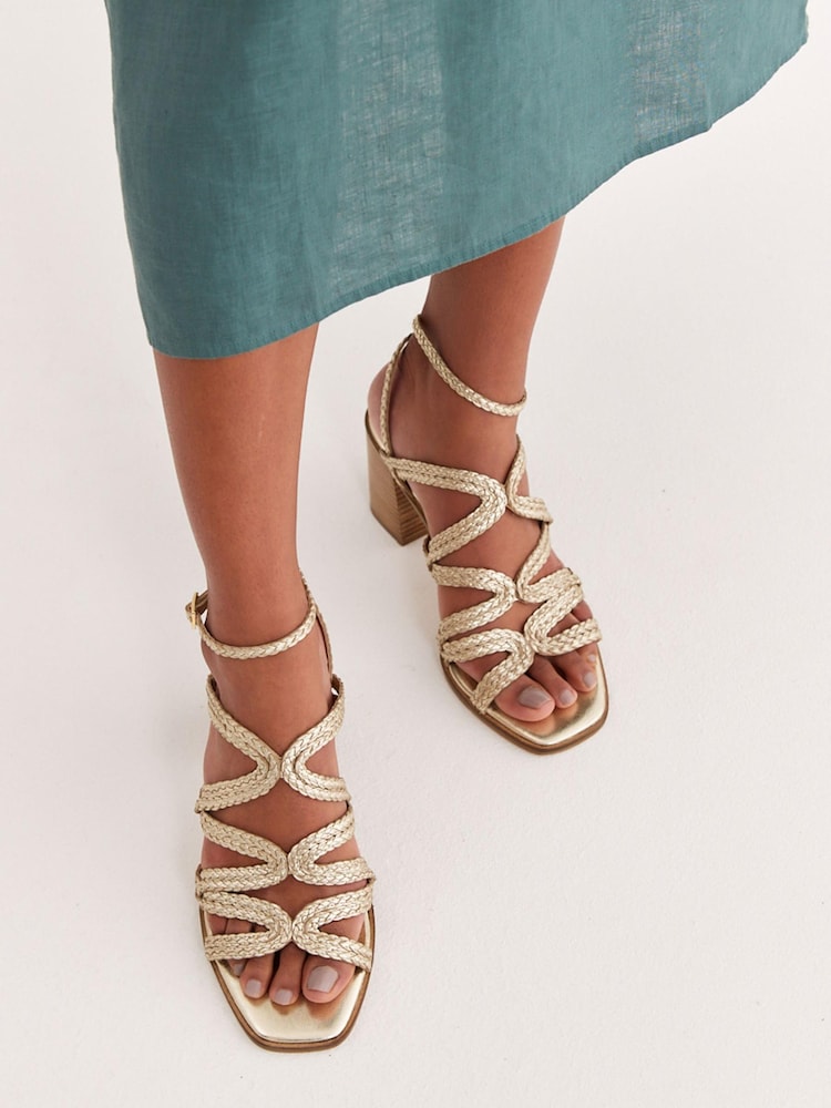 Gold Signature Leather Plait Strap Block Heel Sandals - Image 2 of 10 Gold Signature Leather Plait Strap Block Heel Sandals - Image 2 of 10