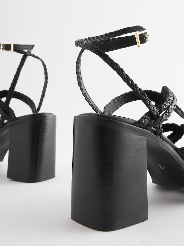 Black Signature Leather Plait Strap Block Heel Sandals - Image 3 of 5