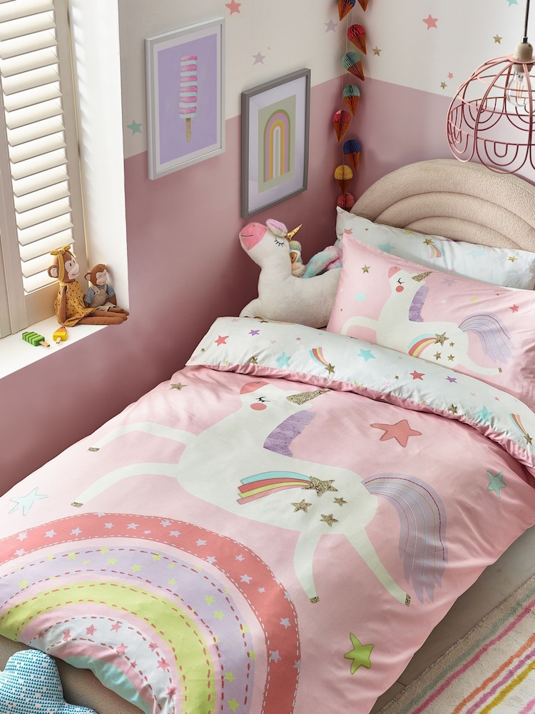 Pink 100% Cotton Printed Bedding Duvet Cover and Pillowcase Set - Image 1 of 1 Pink 100% Cotton Printed Bedding Duvet Cover and Pillowcase Set - Image 1 of 1