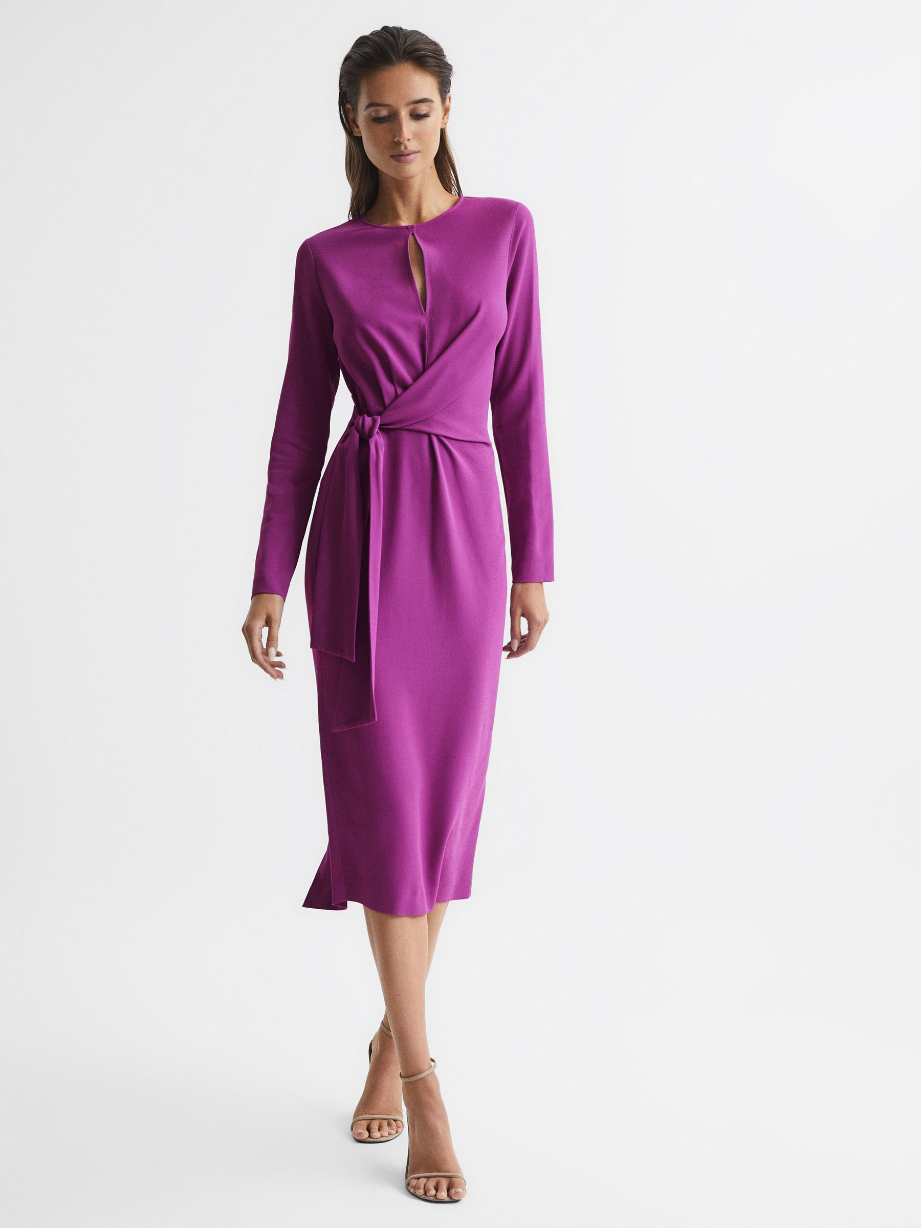 Reiss Magenta Tie Waist Bodycon Midi Dress