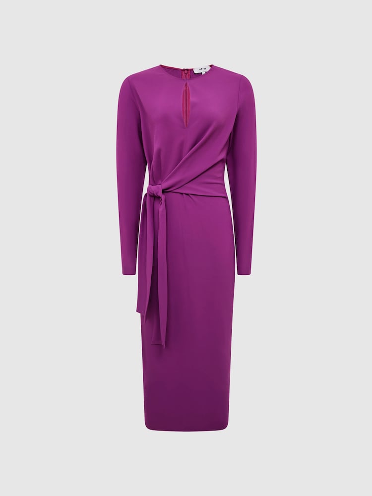 Reiss Magenta Valentina Tie Waist Bodycon Midi Dress - Image 2 of 6 Reiss Magenta Valentina Tie Waist Bodycon Midi Dress - Image 2 of 6