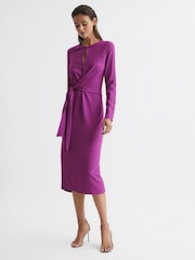 Reiss Magenta Valentina Tie Waist Bodycon Midi Dress - Image 6 of 6