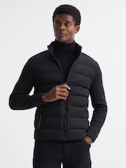 Reiss Black Colby Quilted Knitted Hybrid Jacket - Image 1 of 1
