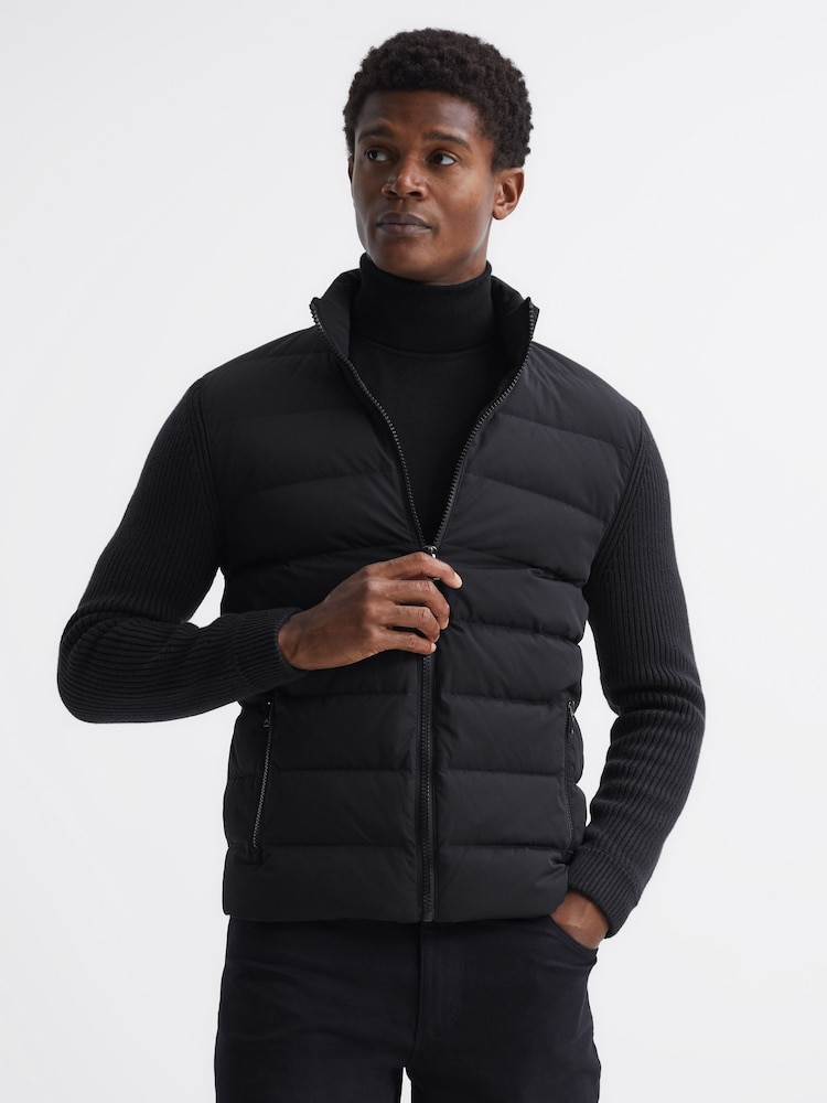 Reiss Black Colby Quilted Knitted Hybrid Jacket - Image 1 of 1