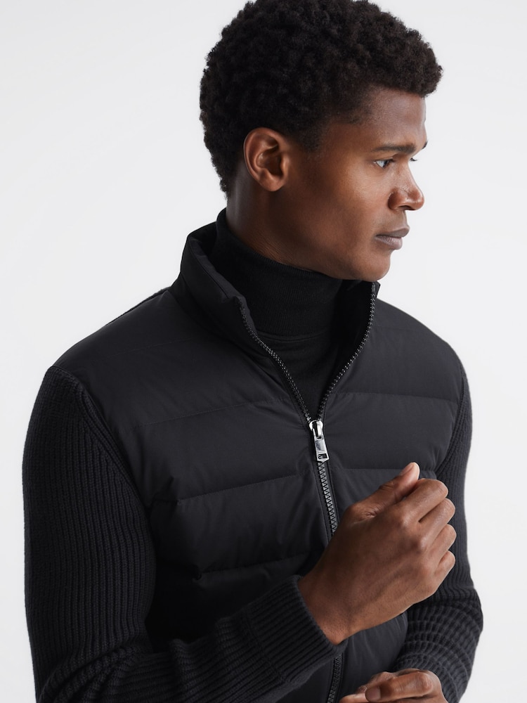 Reiss Black Colby Quilted Knitted Hybrid Jacket - Image 8 of 8