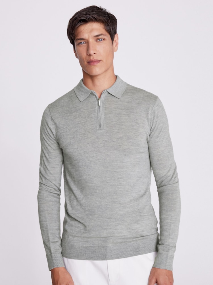 MOSS Grey Merino Blend Quarter Zip Polo Shirt - Image 1 of 5