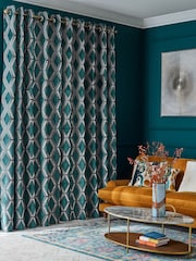 Teal Blue Collection Luxe Heavyweight Geometric Cut Velvet Lined Eyelet Curtains - Image 1 of 6
