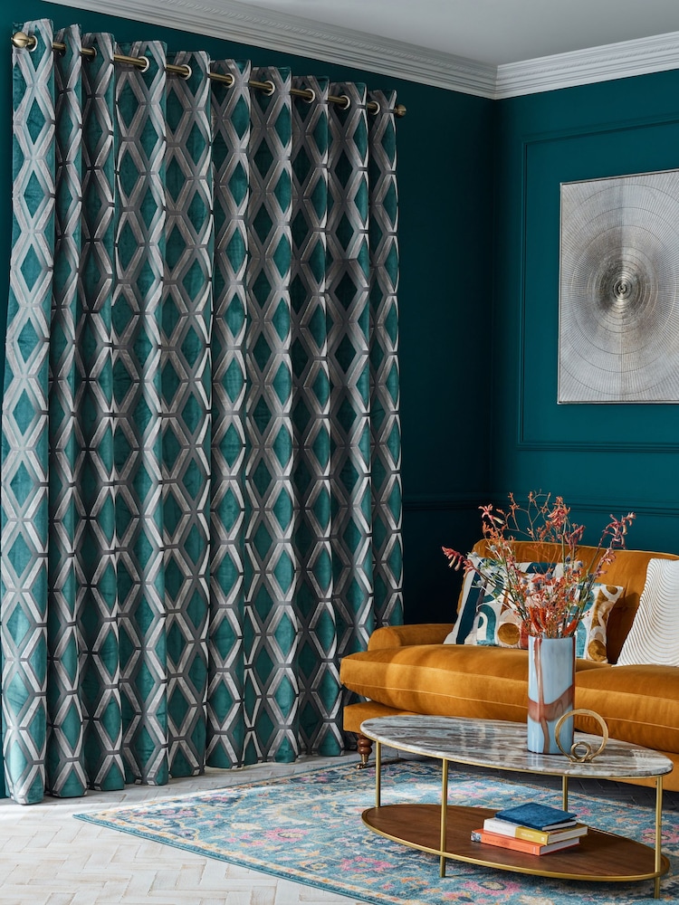 Teal Blue Collection Luxe Heavyweight Geometric Cut Velvet Lined Eyelet Curtains - Image 1 of 6