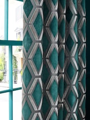 Teal Blue Collection Luxe Heavyweight Geometric Cut Velvet Lined Eyelet Curtains - Image 2 of 6