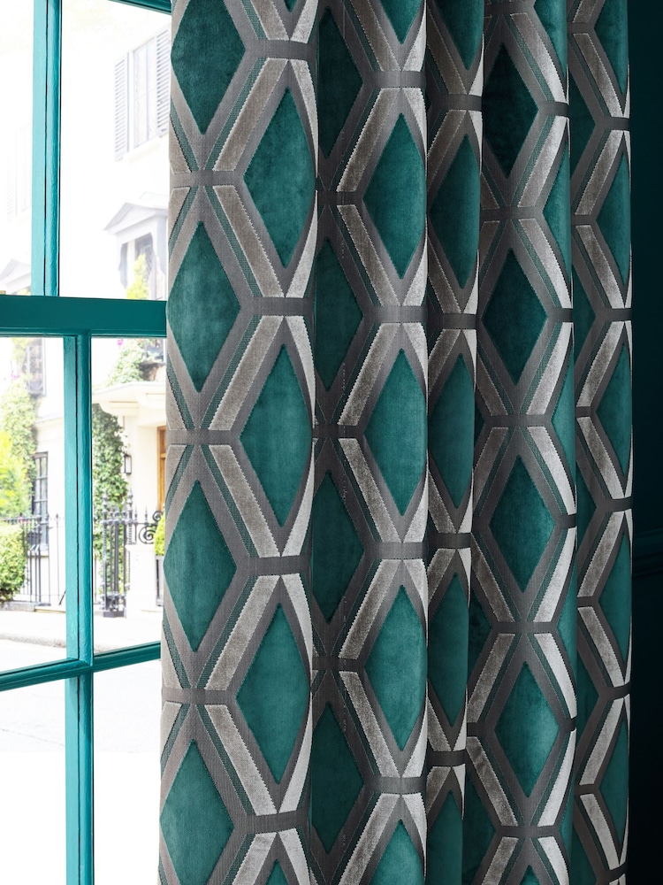 Teal Blue Collection Luxe Heavyweight Geometric Cut Velvet Lined Eyelet Curtains - Image 2 of 6