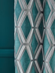 Teal Blue Collection Luxe Heavyweight Geometric Cut Velvet Lined Eyelet Curtains - Image 4 of 6