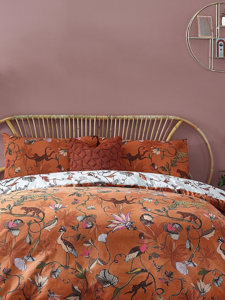 furn. Warm Sienna Rust Wildlings Tropical Reversible Duvet Cover and Pillowcase Set - Image 1 of 3