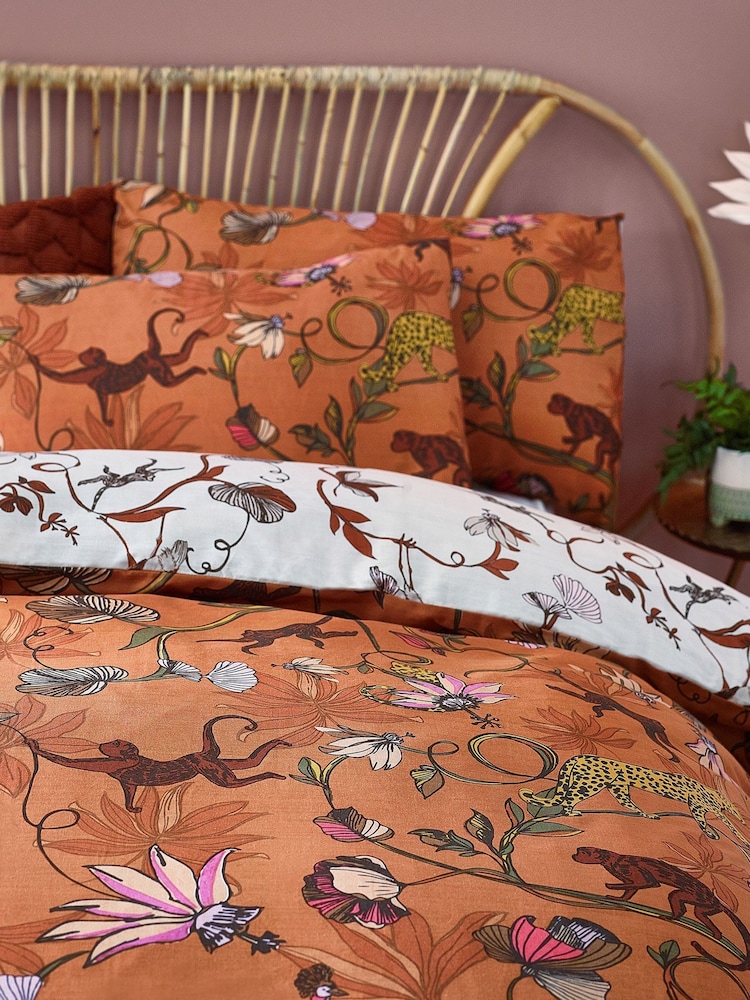 furn. Warm Sienna Rust Wildlings Tropical Reversible Duvet Cover and Pillowcase Set - Image 2 of 3