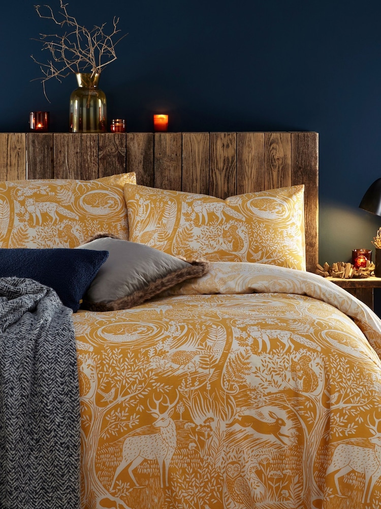 furn. Yellow Winter Woods Animal Reversible Christmas Duvet Cover and Pillowcase Set - Image 1 of 4