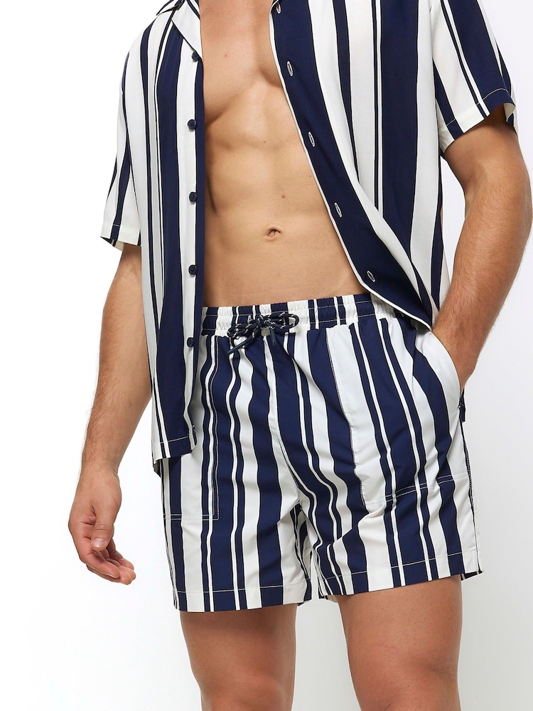 River Island Blue Elasticated Stripe Embroidery Swim Shorts - Image 1 of 4