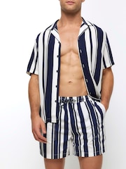 River Island Blue Elasticated Stripe Embroidery Swim Shorts - Image 2 of 4