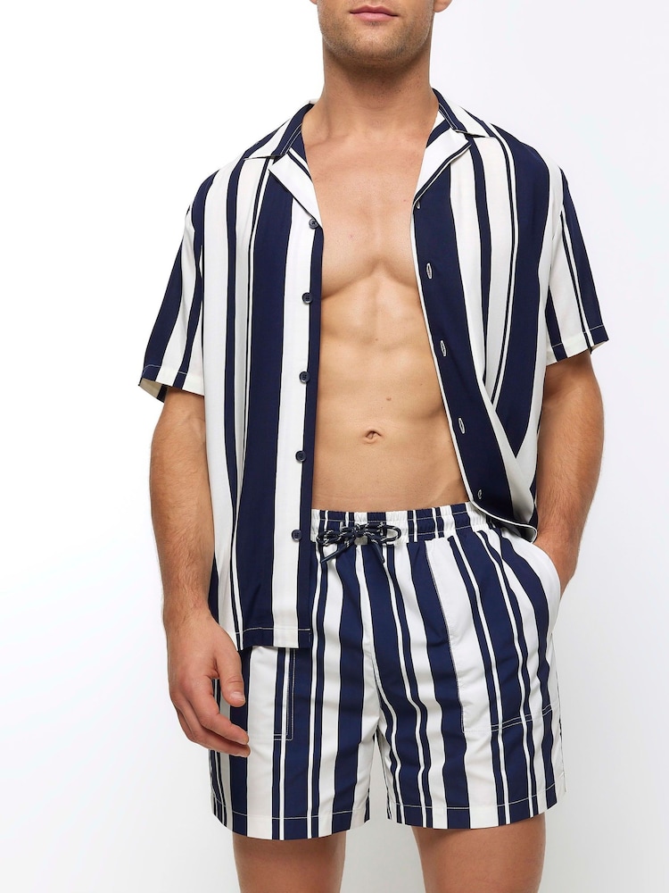 River Island Blue Elasticated Stripe Embroidery Swim Shorts - Image 2 of 4