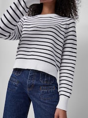 French Connection White Stripe Lillie Mozart 100% Cotton Crew Neck Jumper - Image 2 of 4